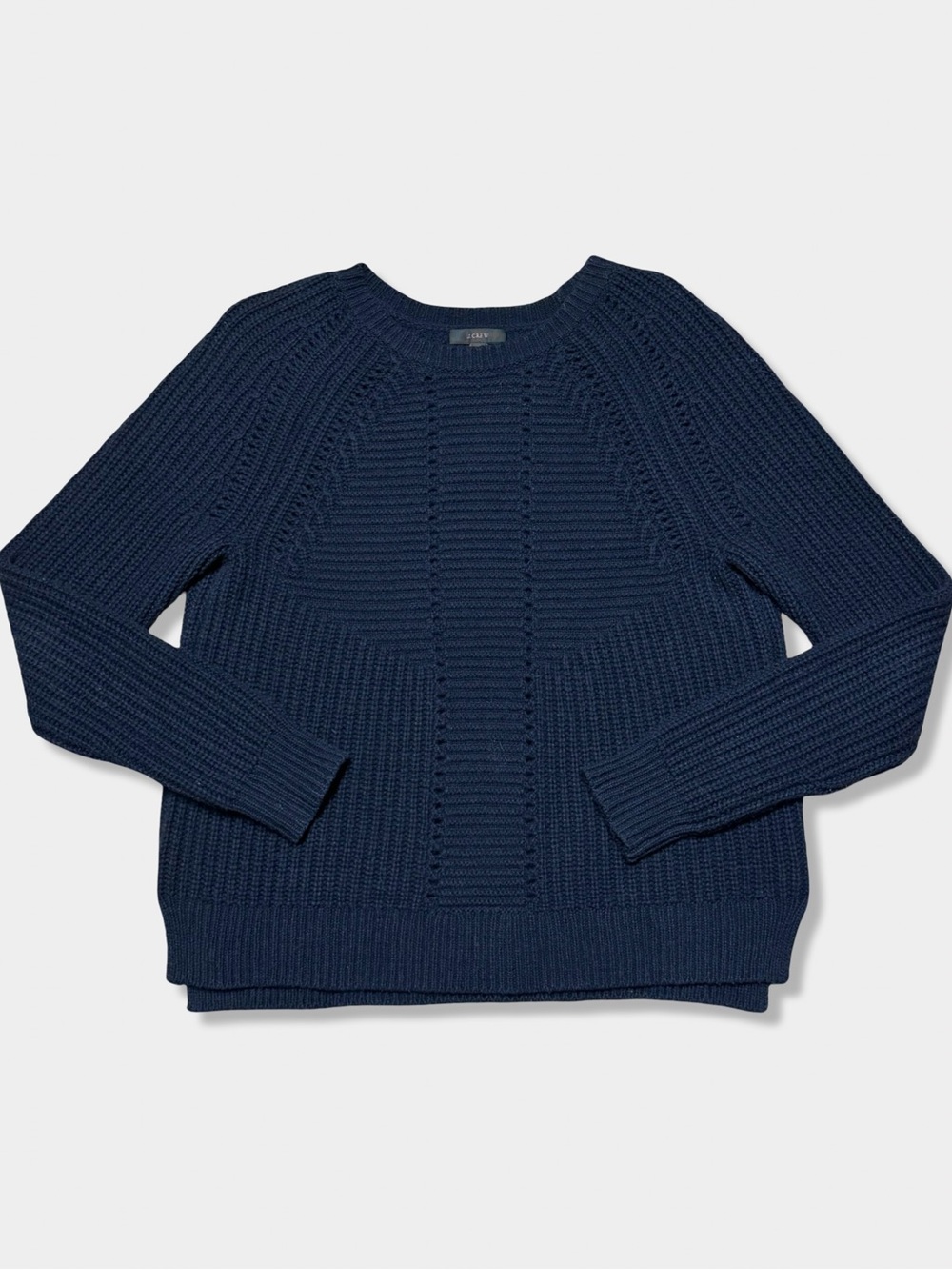 J Crew Navy Blue Wool Cotton Chunky Sheer Open Cable Knit Pullover Sweater Top S
